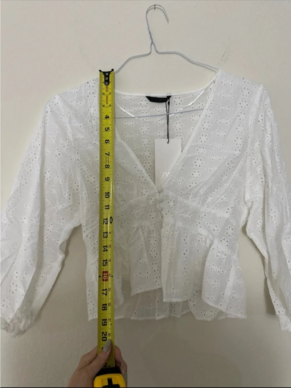 Zara White Eyelet V-Neck Peplum Blouse